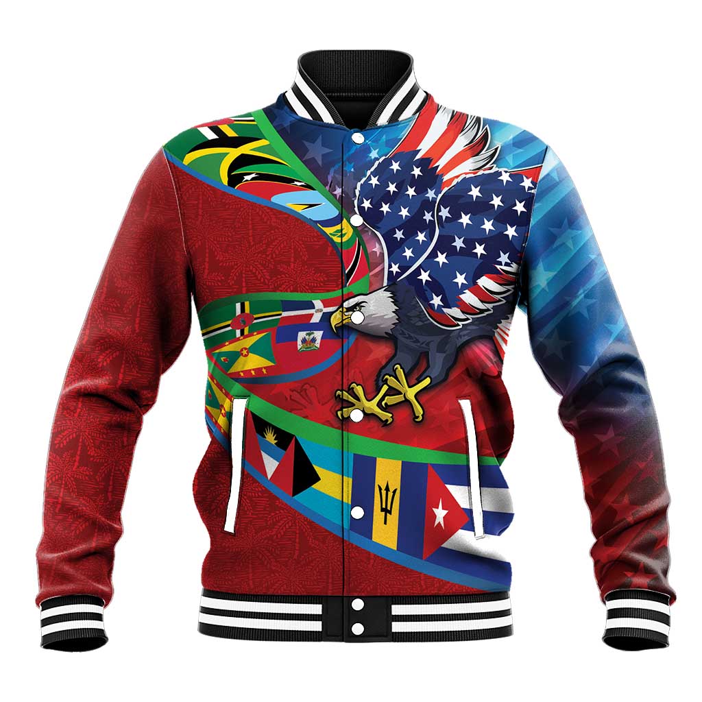 Caribbean-American Heritage Month Baseball Jacket National Flags Ribbon Wave Style with US Flag Eagle - Wonder Print Shop