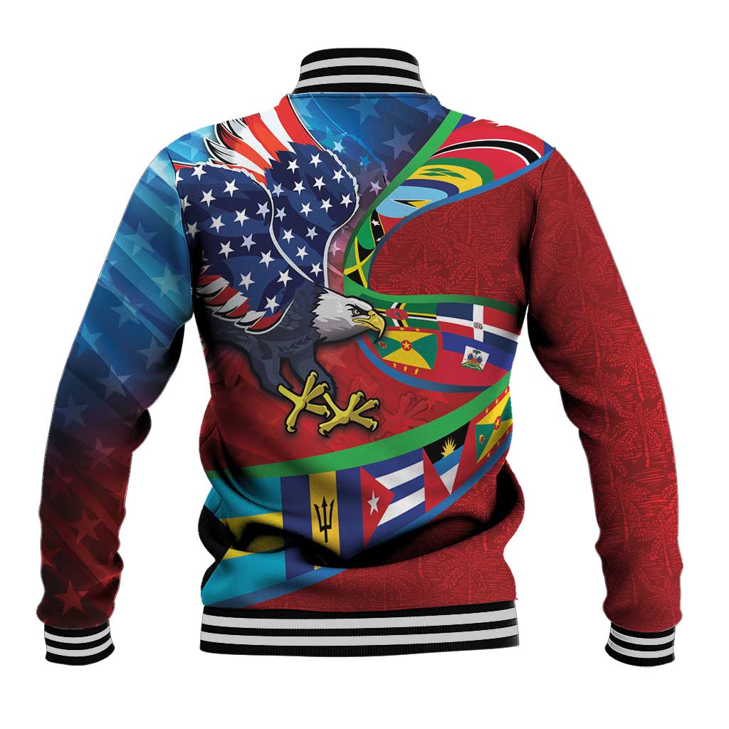 Caribbean-American Heritage Month Baseball Jacket National Flags Ribbon Wave Style with US Flag Eagle - Wonder Print Shop