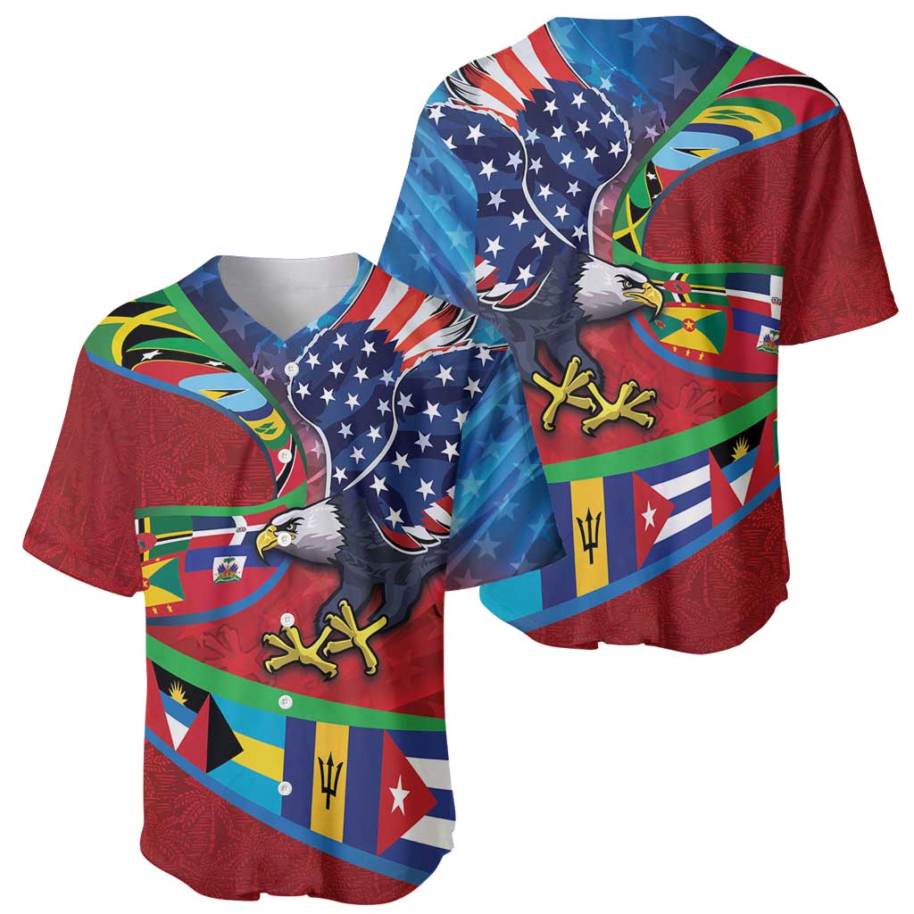 Caribbean-American Heritage Month Baseball Jersey National Flags Ribbon Wave Style with US Flag Eagle - Wonder Print Shop