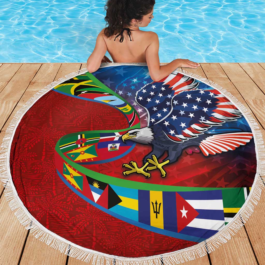 Caribbean-American Heritage Month Beach Blanket National Flags Ribbon Wave Style with US Flag Eagle - Wonder Print Shop