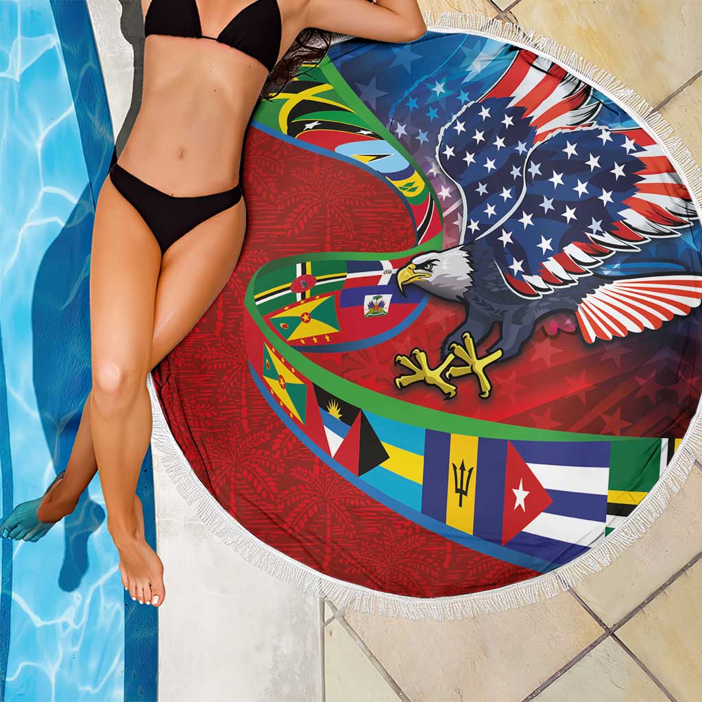 Caribbean-American Heritage Month Beach Blanket National Flags Ribbon Wave Style with US Flag Eagle - Wonder Print Shop