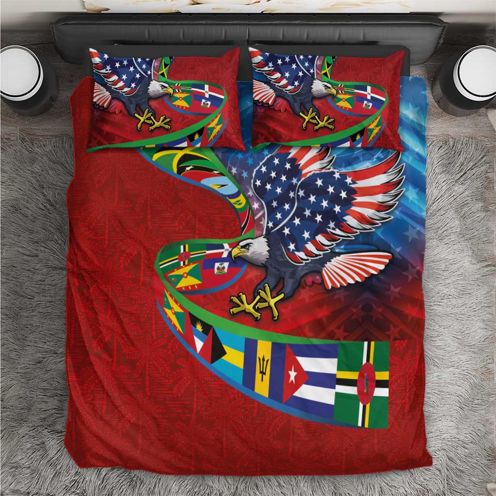 Caribbean-American Heritage Month Bedding Set National Flags Ribbon Wave Style with US Flag Eagle - Wonder Print Shop