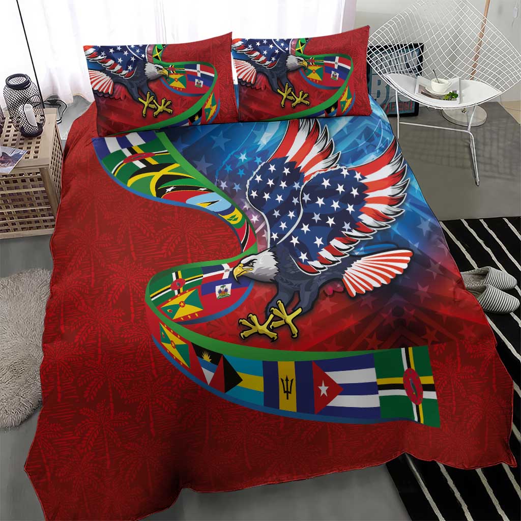 Caribbean-American Heritage Month Bedding Set National Flags Ribbon Wave Style with US Flag Eagle - Wonder Print Shop