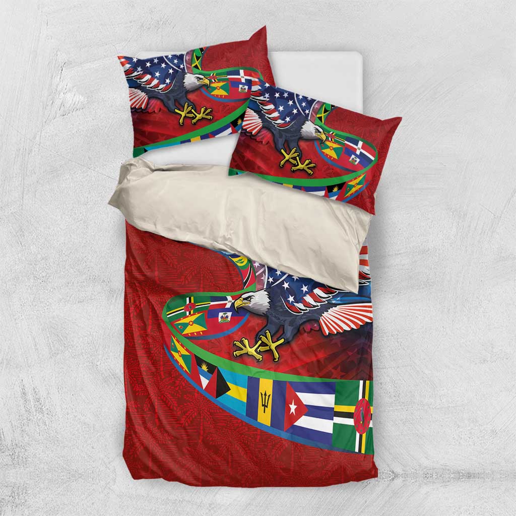 Caribbean-American Heritage Month Bedding Set National Flags Ribbon Wave Style with US Flag Eagle - Wonder Print Shop