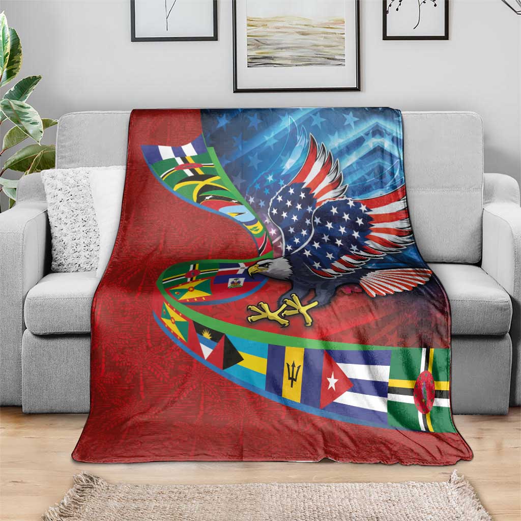 Caribbean-American Heritage Month Blanket National Flags Ribbon Wave Style with US Flag Eagle - Wonder Print Shop