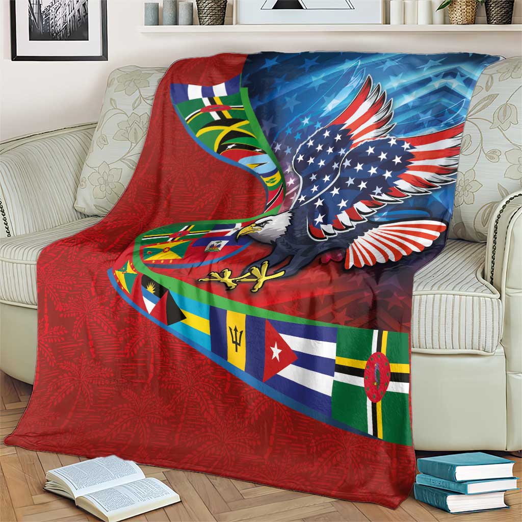 Caribbean-American Heritage Month Blanket National Flags Ribbon Wave Style with US Flag Eagle - Wonder Print Shop