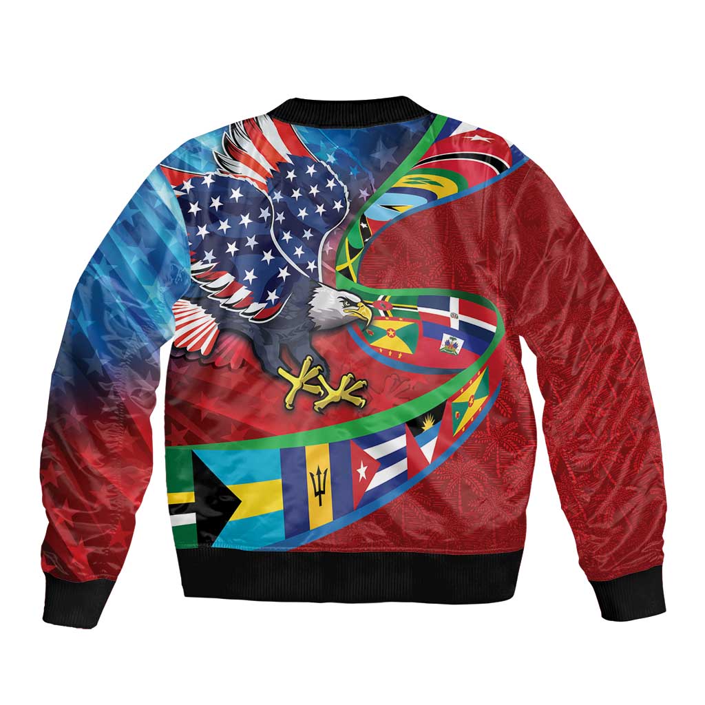 Caribbean-American Heritage Month Bomber Jacket National Flags Ribbon Wave Style with US Flag Eagle - Wonder Print Shop