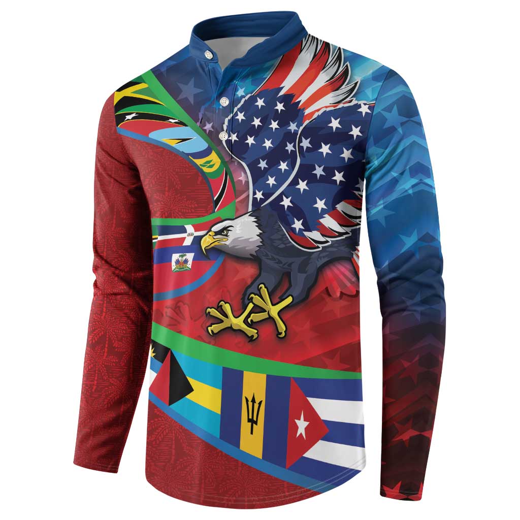 Caribbean-American Heritage Month Button Sweatshirt National Flags Ribbon Wave Style with US Flag Eagle - Wonder Print Shop