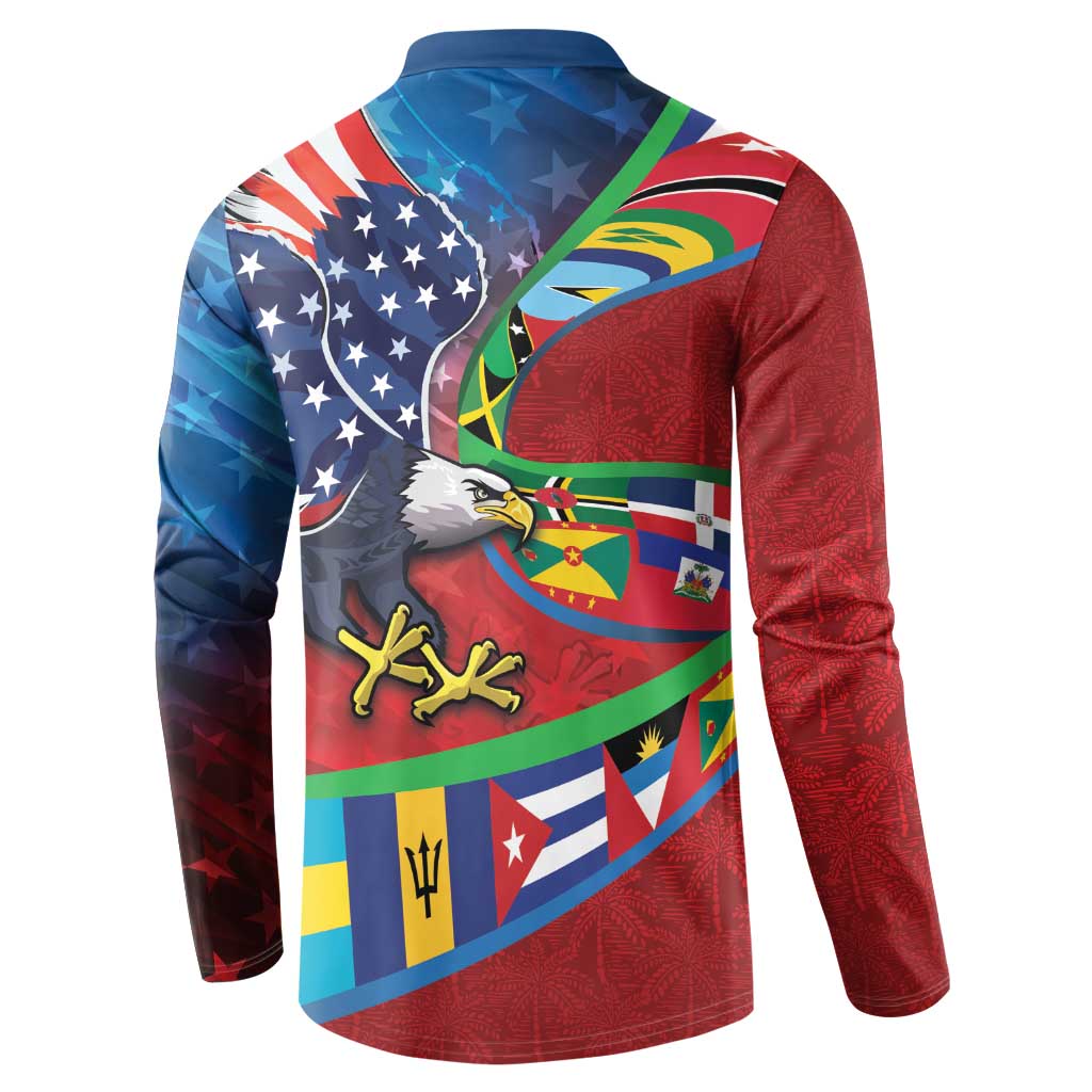 Caribbean-American Heritage Month Button Sweatshirt National Flags Ribbon Wave Style with US Flag Eagle - Wonder Print Shop
