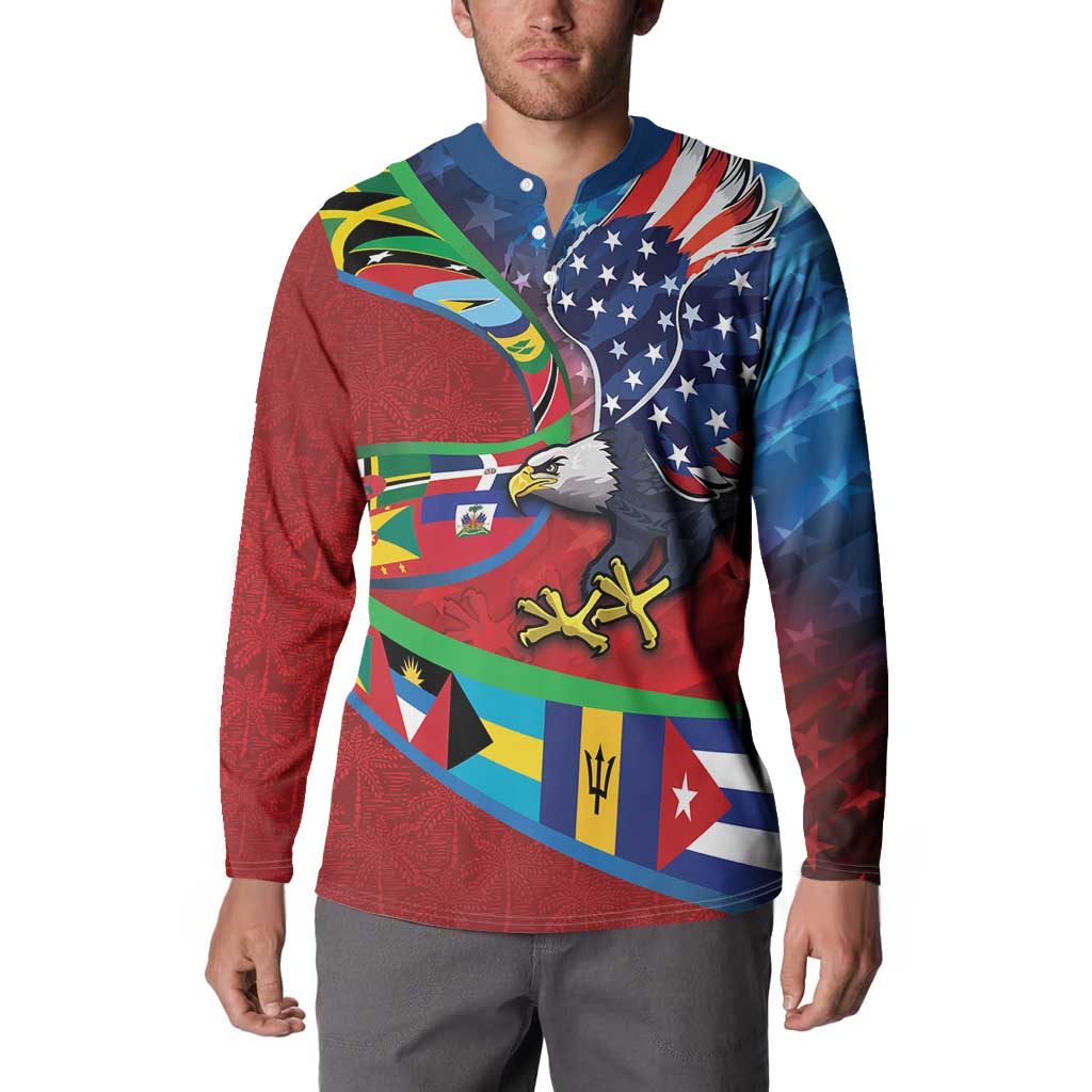 Caribbean-American Heritage Month Button Sweatshirt National Flags Ribbon Wave Style with US Flag Eagle - Wonder Print Shop