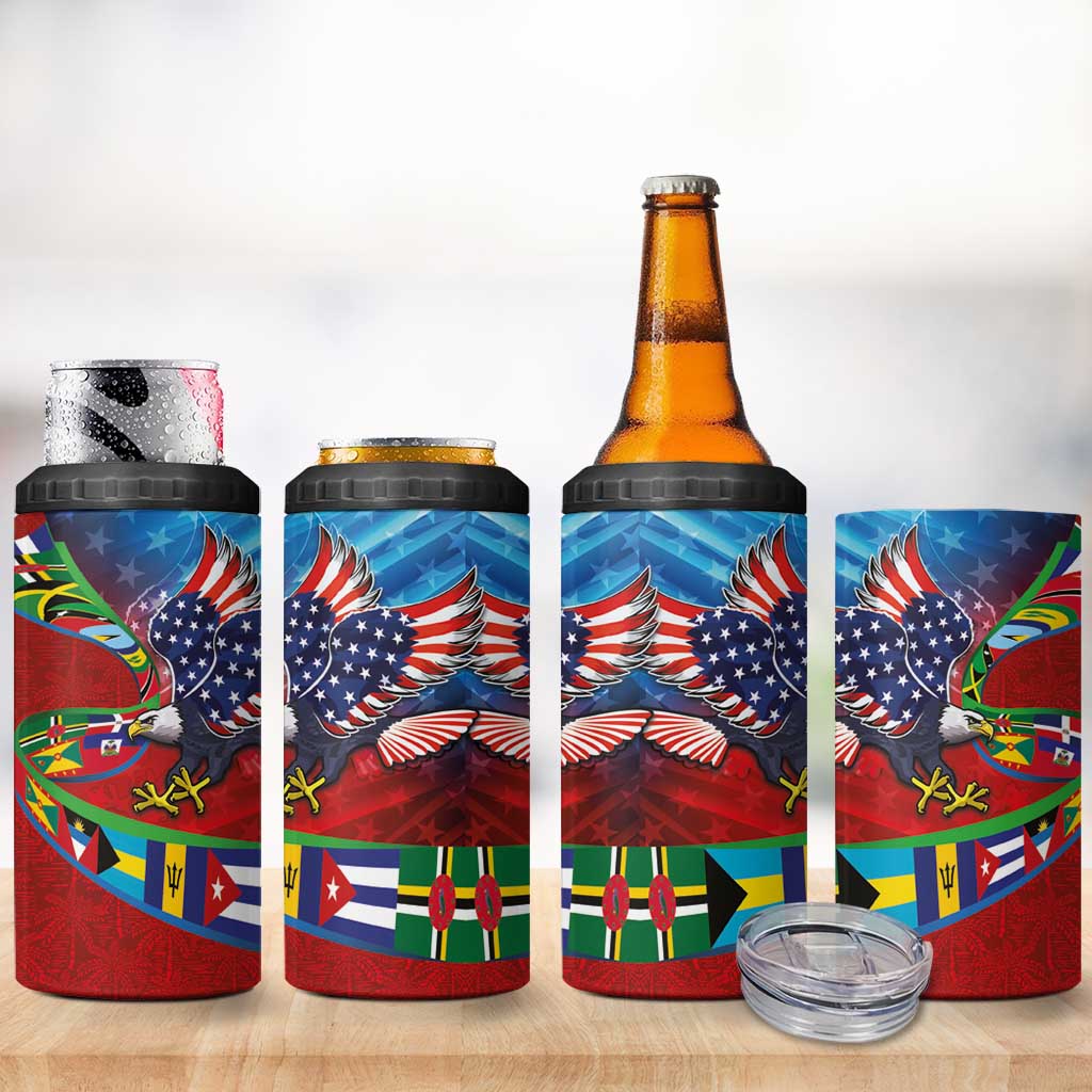 Caribbean-American Heritage Month 4 in 1 Can Cooler Tumbler National Flags Ribbon Wave Style with US Flag Eagle - Wonder Print Shop