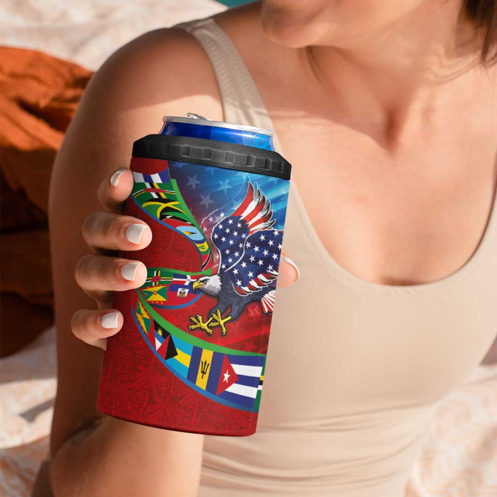 Caribbean-American Heritage Month 4 in 1 Can Cooler Tumbler National Flags Ribbon Wave Style with US Flag Eagle - Wonder Print Shop