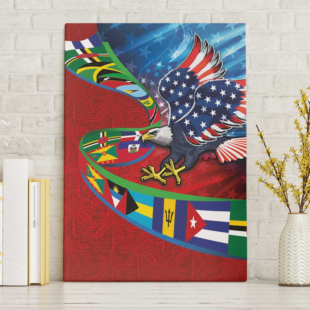 Caribbean-American Heritage Month Canvas Wall Art National Flags Ribbon Wave Style with US Flag Eagle - Wonder Print Shop