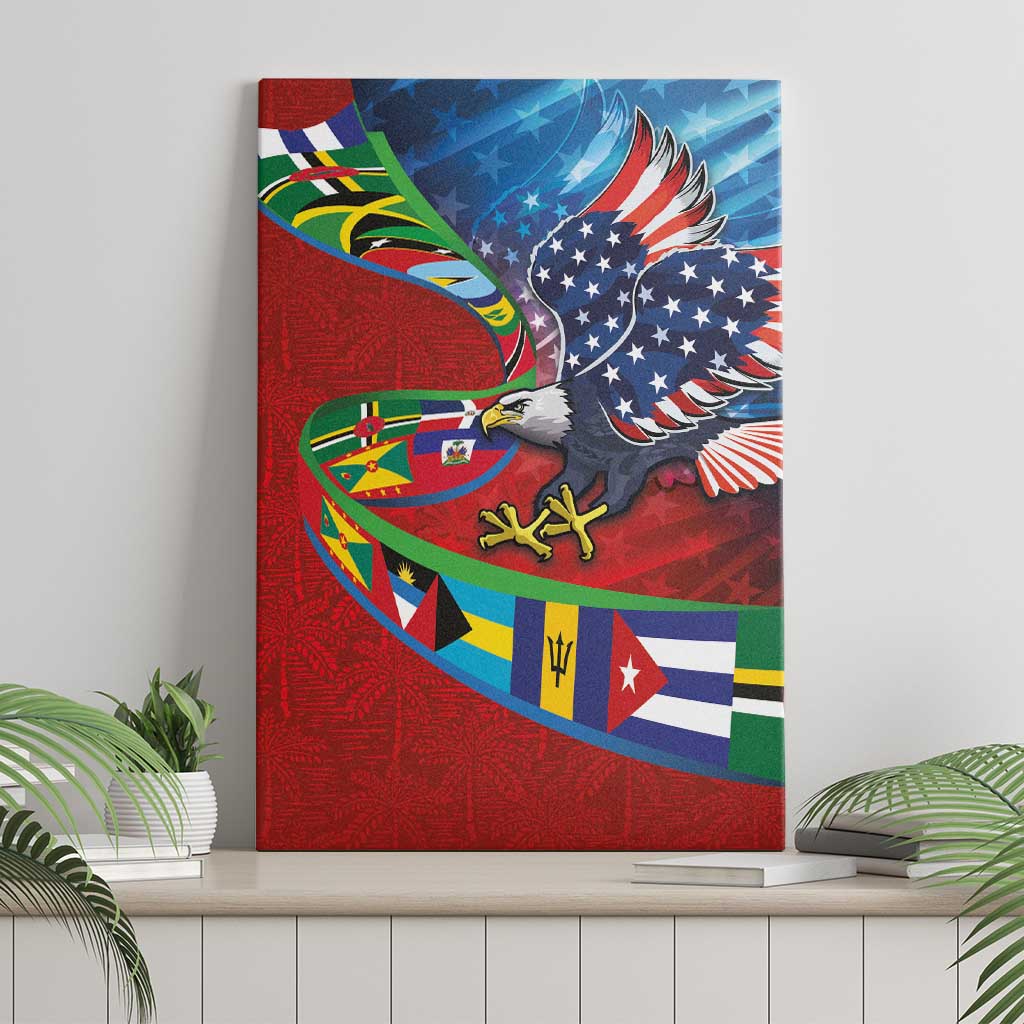 Caribbean-American Heritage Month Canvas Wall Art National Flags Ribbon Wave Style with US Flag Eagle - Wonder Print Shop