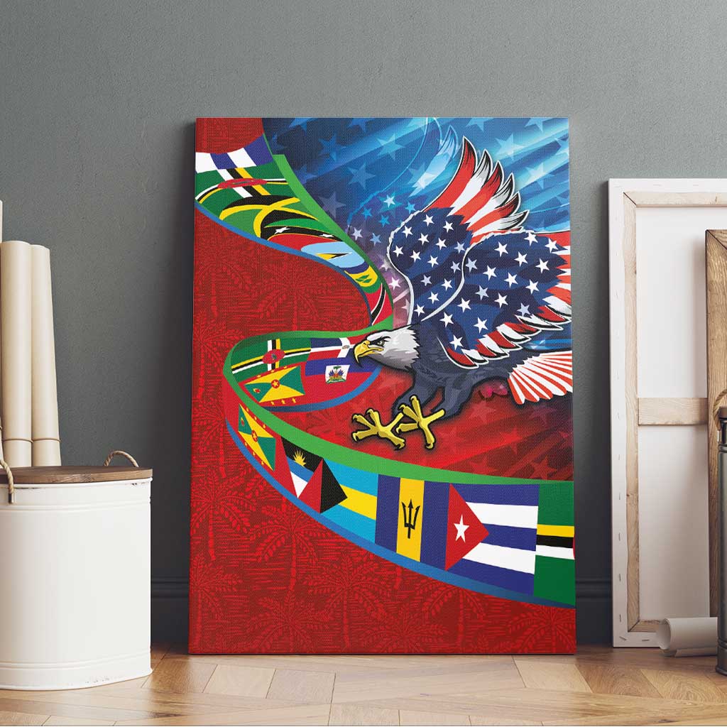 Caribbean-American Heritage Month Canvas Wall Art National Flags Ribbon Wave Style with US Flag Eagle - Wonder Print Shop