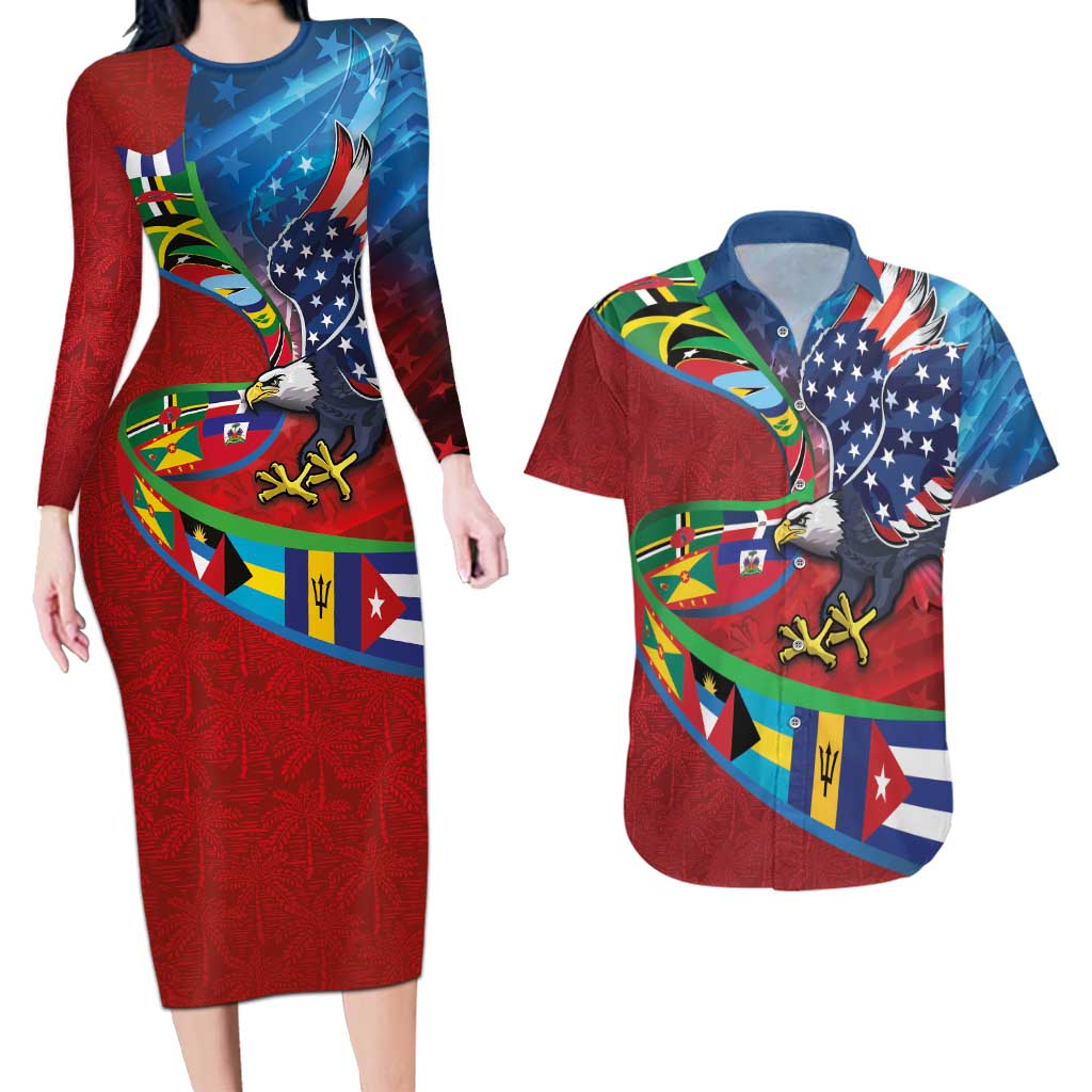 Caribbean-American Heritage Month Couples Matching Long Sleeve Bodycon Dress and Hawaiian Shirt National Flags Ribbon Wave Style with US Flag Eagle - Wonder Print Shop