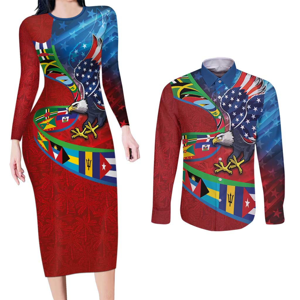 Caribbean-American Heritage Month Couples Matching Long Sleeve Bodycon Dress and Long Sleeve Button Shirt National Flags Ribbon Wave Style with US Flag Eagle - Wonder Print Shop