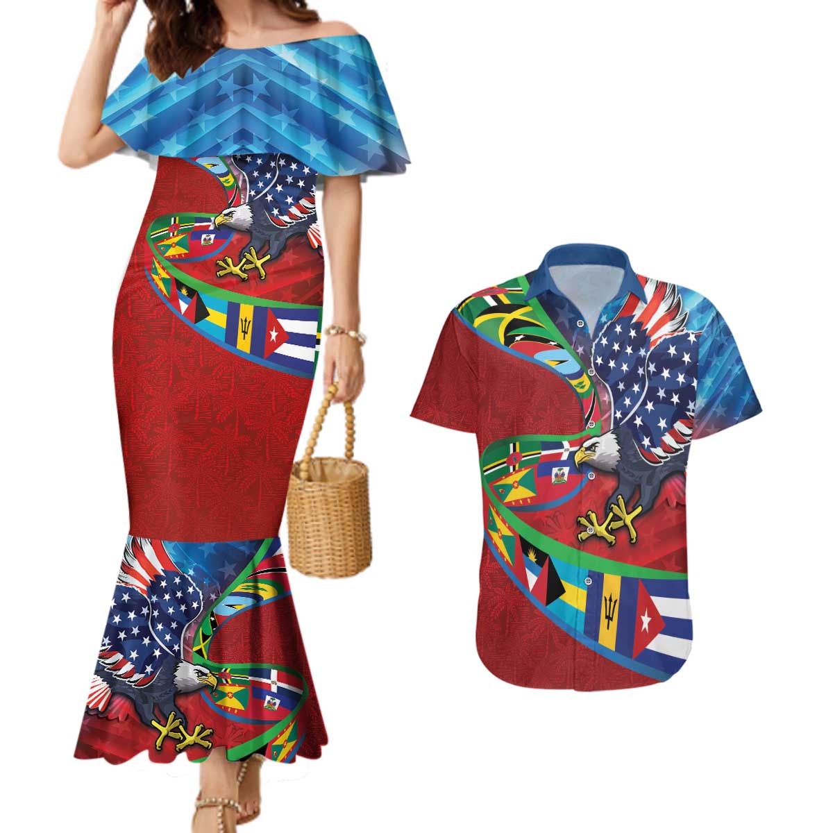 Caribbean-American Heritage Month Couples Matching Mermaid Dress and Hawaiian Shirt National Flags Ribbon Wave Style with US Flag Eagle - Wonder Print Shop
