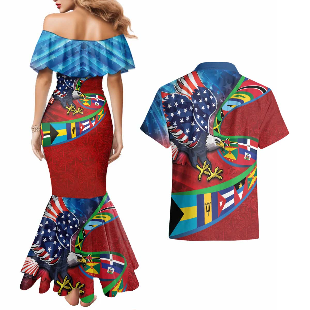 Caribbean-American Heritage Month Couples Matching Mermaid Dress and Hawaiian Shirt National Flags Ribbon Wave Style with US Flag Eagle - Wonder Print Shop