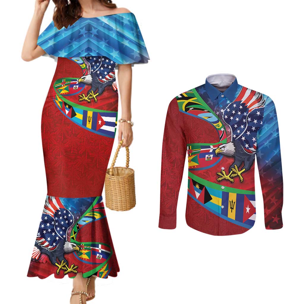 Caribbean-American Heritage Month Couples Matching Mermaid Dress and Long Sleeve Button Shirt National Flags Ribbon Wave Style with US Flag Eagle - Wonder Print Shop