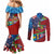 Caribbean-American Heritage Month Couples Matching Mermaid Dress and Long Sleeve Button Shirt National Flags Ribbon Wave Style with US Flag Eagle - Wonder Print Shop