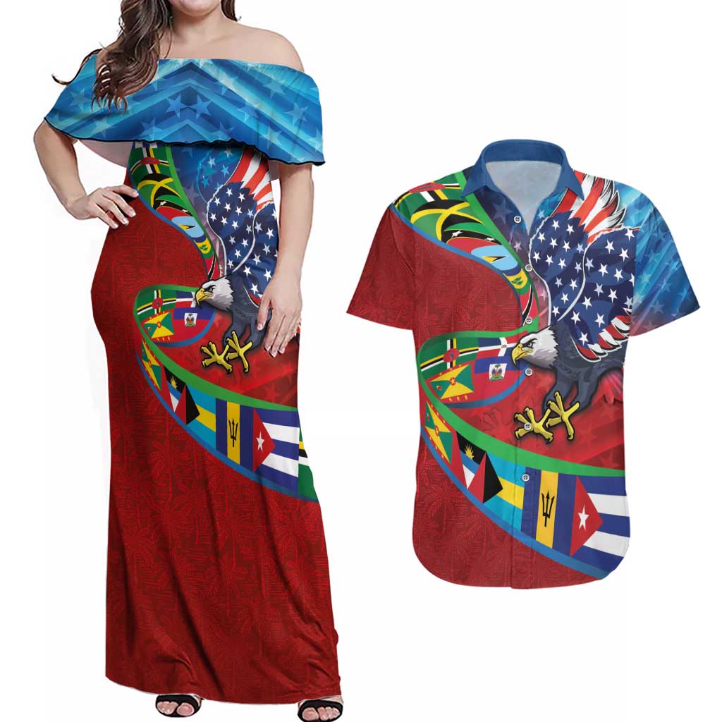 Caribbean-American Heritage Month Couples Matching Off Shoulder Maxi Dress and Hawaiian Shirt National Flags Ribbon Wave Style with US Flag Eagle - Wonder Print Shop