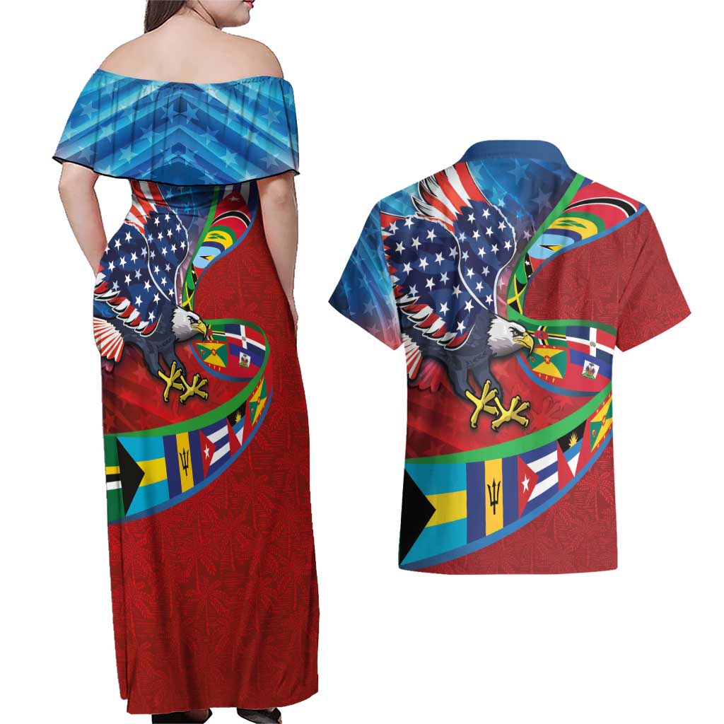 Caribbean-American Heritage Month Couples Matching Off Shoulder Maxi Dress and Hawaiian Shirt National Flags Ribbon Wave Style with US Flag Eagle - Wonder Print Shop