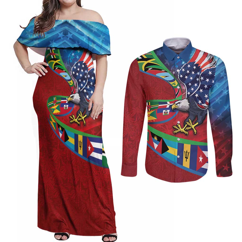 Caribbean-American Heritage Month Couples Matching Off Shoulder Maxi Dress and Long Sleeve Button Shirt National Flags Ribbon Wave Style with US Flag Eagle - Wonder Print Shop