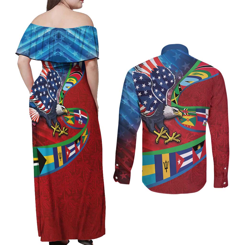 Caribbean-American Heritage Month Couples Matching Off Shoulder Maxi Dress and Long Sleeve Button Shirt National Flags Ribbon Wave Style with US Flag Eagle - Wonder Print Shop