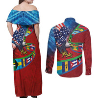 Caribbean-American Heritage Month Couples Matching Off Shoulder Maxi Dress and Long Sleeve Button Shirt National Flags Ribbon Wave Style with US Flag Eagle - Wonder Print Shop