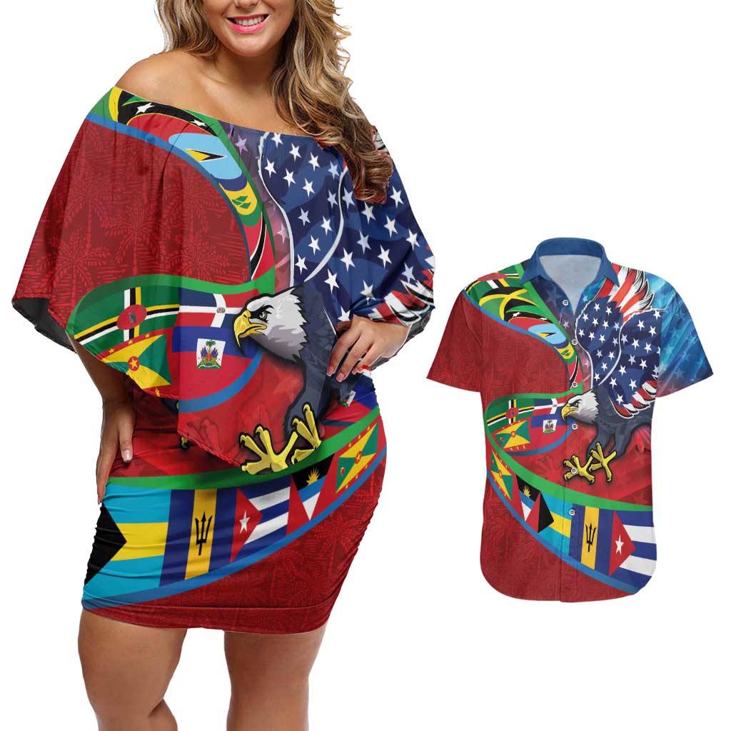 Caribbean-American Heritage Month Couples Matching Off Shoulder Short Dress and Hawaiian Shirt National Flags Ribbon Wave Style with US Flag Eagle - Wonder Print Shop