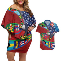 Caribbean-American Heritage Month Couples Matching Off Shoulder Short Dress and Hawaiian Shirt National Flags Ribbon Wave Style with US Flag Eagle - Wonder Print Shop