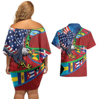 Caribbean-American Heritage Month Couples Matching Off Shoulder Short Dress and Hawaiian Shirt National Flags Ribbon Wave Style with US Flag Eagle - Wonder Print Shop