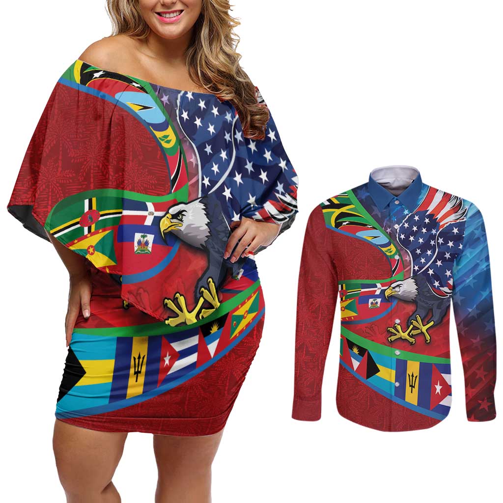 Caribbean-American Heritage Month Couples Matching Off Shoulder Short Dress and Long Sleeve Button Shirt National Flags Ribbon Wave Style with US Flag Eagle - Wonder Print Shop
