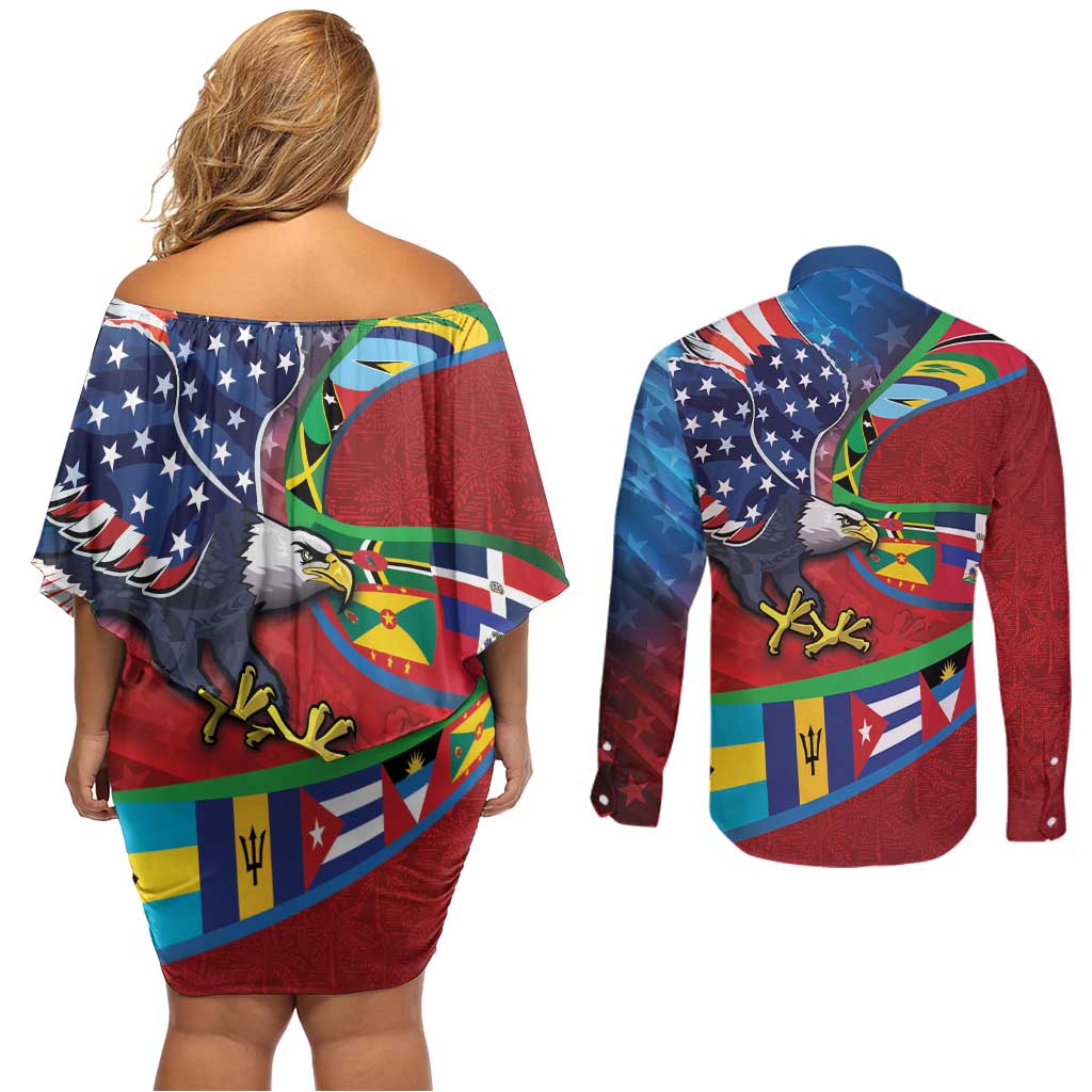 Caribbean-American Heritage Month Couples Matching Off Shoulder Short Dress and Long Sleeve Button Shirt National Flags Ribbon Wave Style with US Flag Eagle - Wonder Print Shop