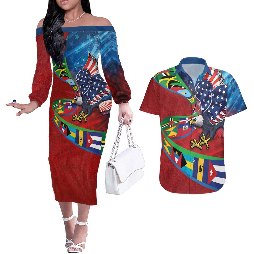 Caribbean-American Heritage Month Couples Matching Off The Shoulder Long Sleeve Dress and Hawaiian Shirt National Flags Ribbon Wave Style with US Flag Eagle - Wonder Print Shop