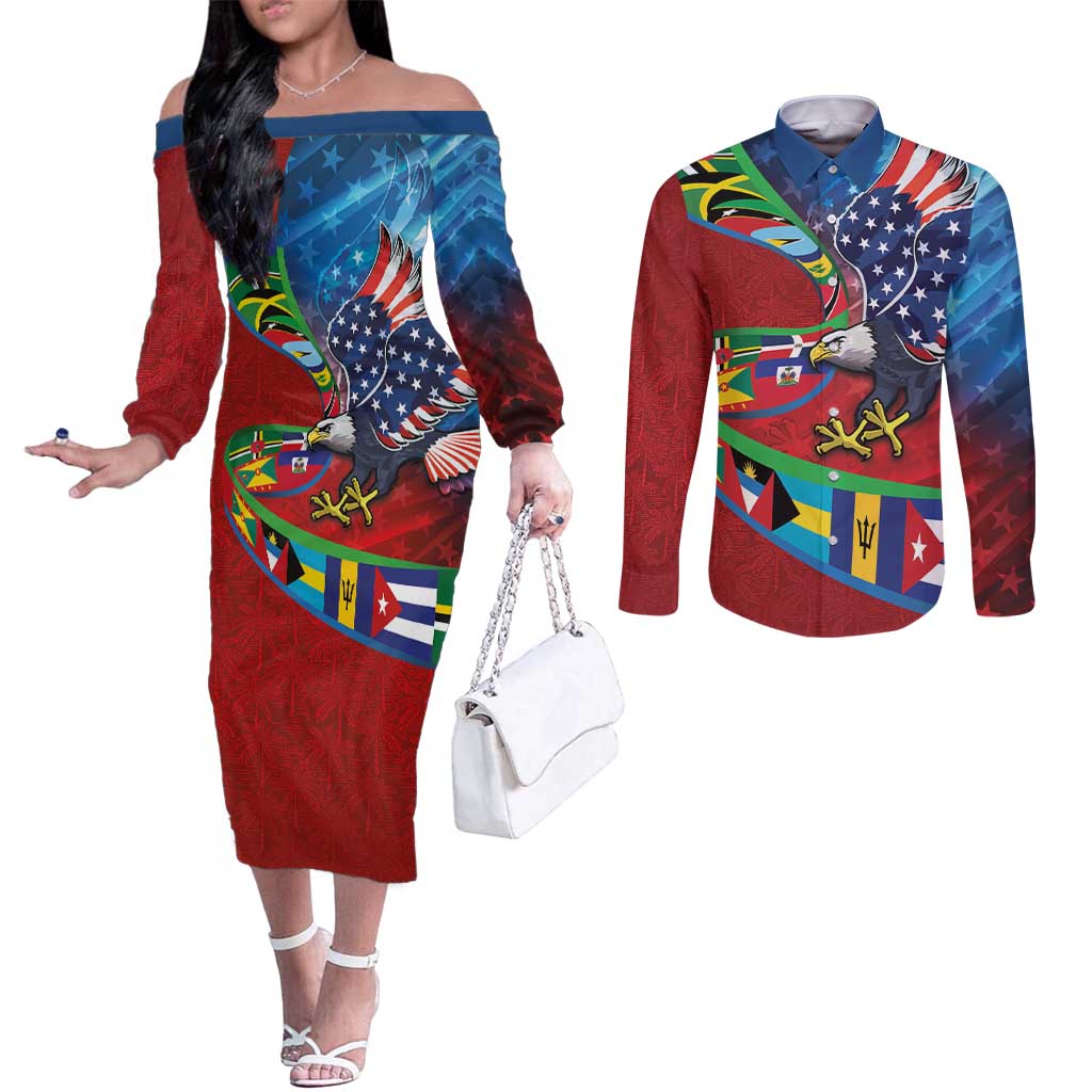Caribbean-American Heritage Month Couples Matching Off The Shoulder Long Sleeve Dress and Long Sleeve Button Shirt National Flags Ribbon Wave Style with US Flag Eagle - Wonder Print Shop