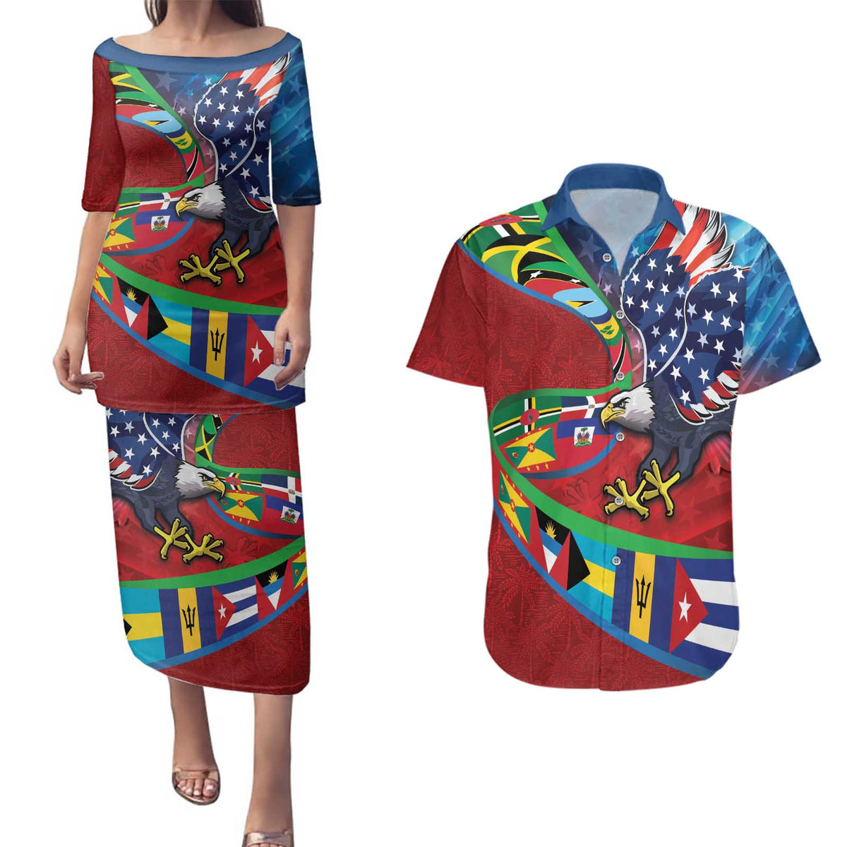 Caribbean-American Heritage Month Couples Matching Puletasi and Hawaiian Shirt National Flags Ribbon Wave Style with US Flag Eagle - Wonder Print Shop