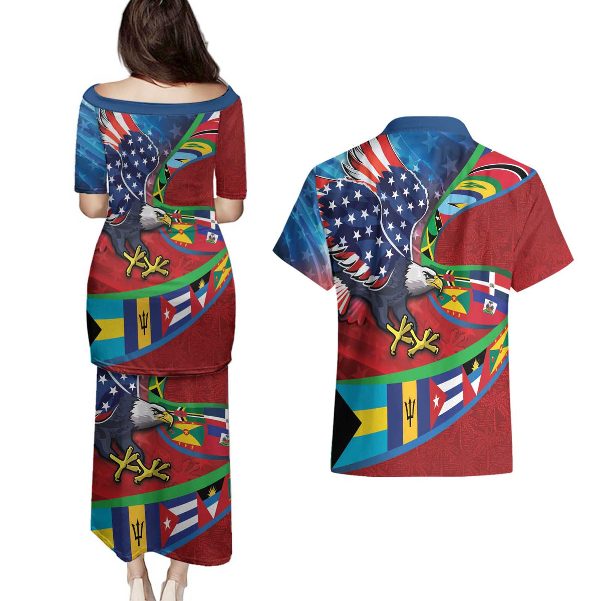 Caribbean-American Heritage Month Couples Matching Puletasi and Hawaiian Shirt National Flags Ribbon Wave Style with US Flag Eagle - Wonder Print Shop