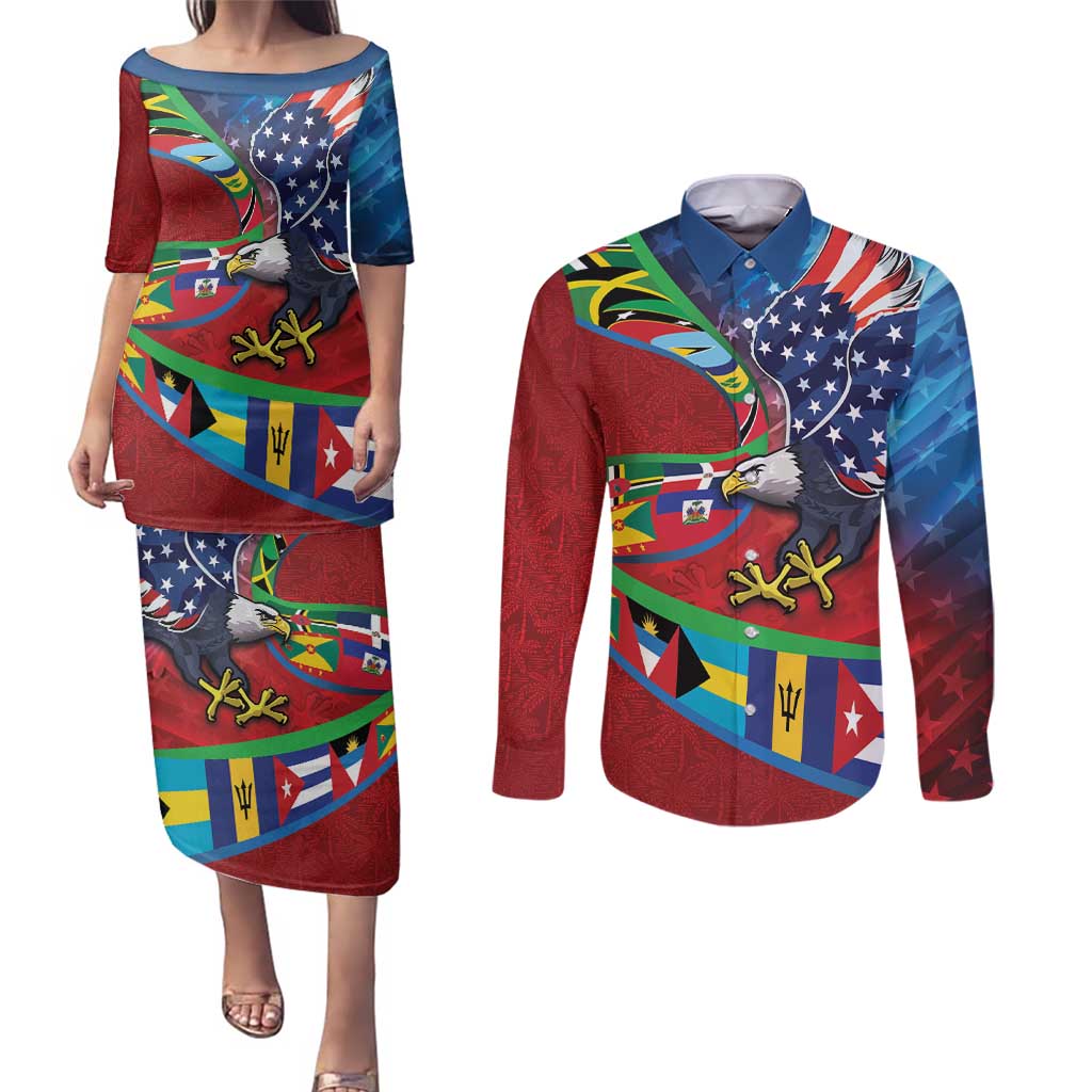 Caribbean-American Heritage Month Couples Matching Puletasi and Long Sleeve Button Shirt National Flags Ribbon Wave Style with US Flag Eagle - Wonder Print Shop