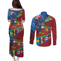 Caribbean-American Heritage Month Couples Matching Puletasi and Long Sleeve Button Shirt National Flags Ribbon Wave Style with US Flag Eagle - Wonder Print Shop
