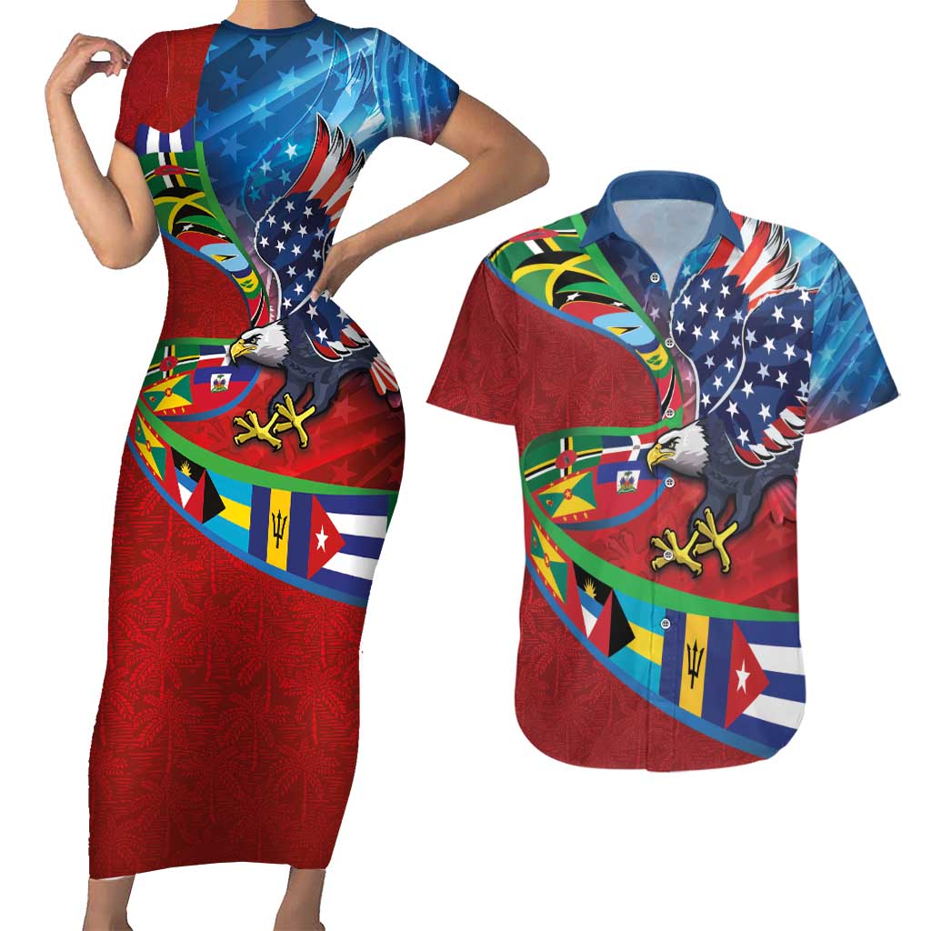 Caribbean-American Heritage Month Couples Matching Short Sleeve Bodycon Dress and Hawaiian Shirt National Flags Ribbon Wave Style with US Flag Eagle - Wonder Print Shop