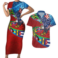 Caribbean-American Heritage Month Couples Matching Short Sleeve Bodycon Dress and Hawaiian Shirt National Flags Ribbon Wave Style with US Flag Eagle - Wonder Print Shop