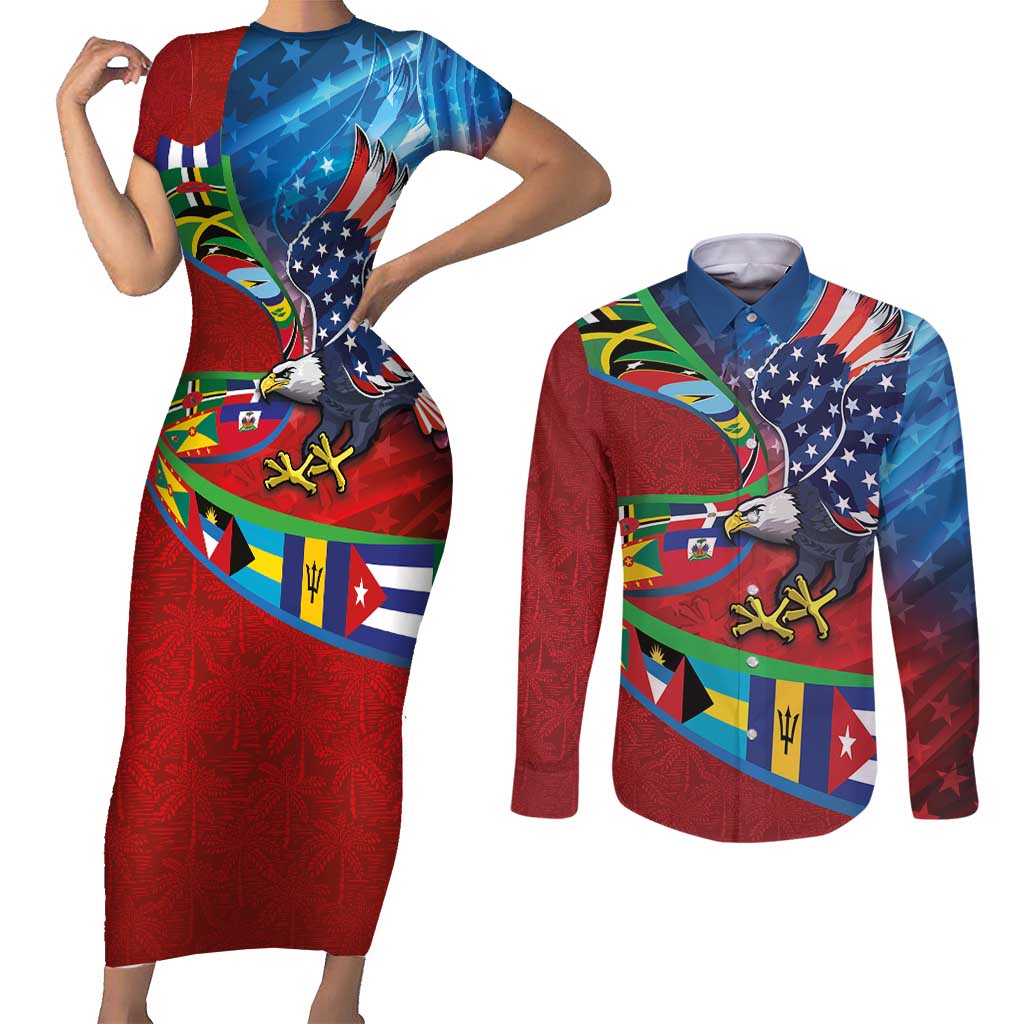 Caribbean-American Heritage Month Couples Matching Short Sleeve Bodycon Dress and Long Sleeve Button Shirt National Flags Ribbon Wave Style with US Flag Eagle - Wonder Print Shop