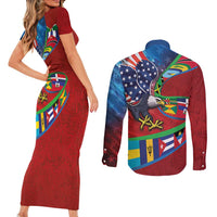 Caribbean-American Heritage Month Couples Matching Short Sleeve Bodycon Dress and Long Sleeve Button Shirt National Flags Ribbon Wave Style with US Flag Eagle - Wonder Print Shop
