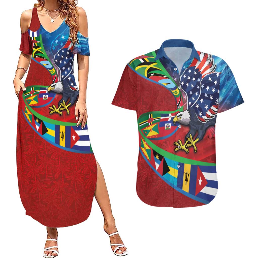 Caribbean-American Heritage Month Couples Matching Summer Maxi Dress and Hawaiian Shirt National Flags Ribbon Wave Style with US Flag Eagle - Wonder Print Shop