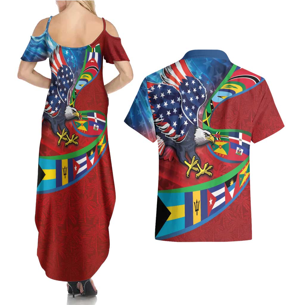 Caribbean-American Heritage Month Couples Matching Summer Maxi Dress and Hawaiian Shirt National Flags Ribbon Wave Style with US Flag Eagle - Wonder Print Shop