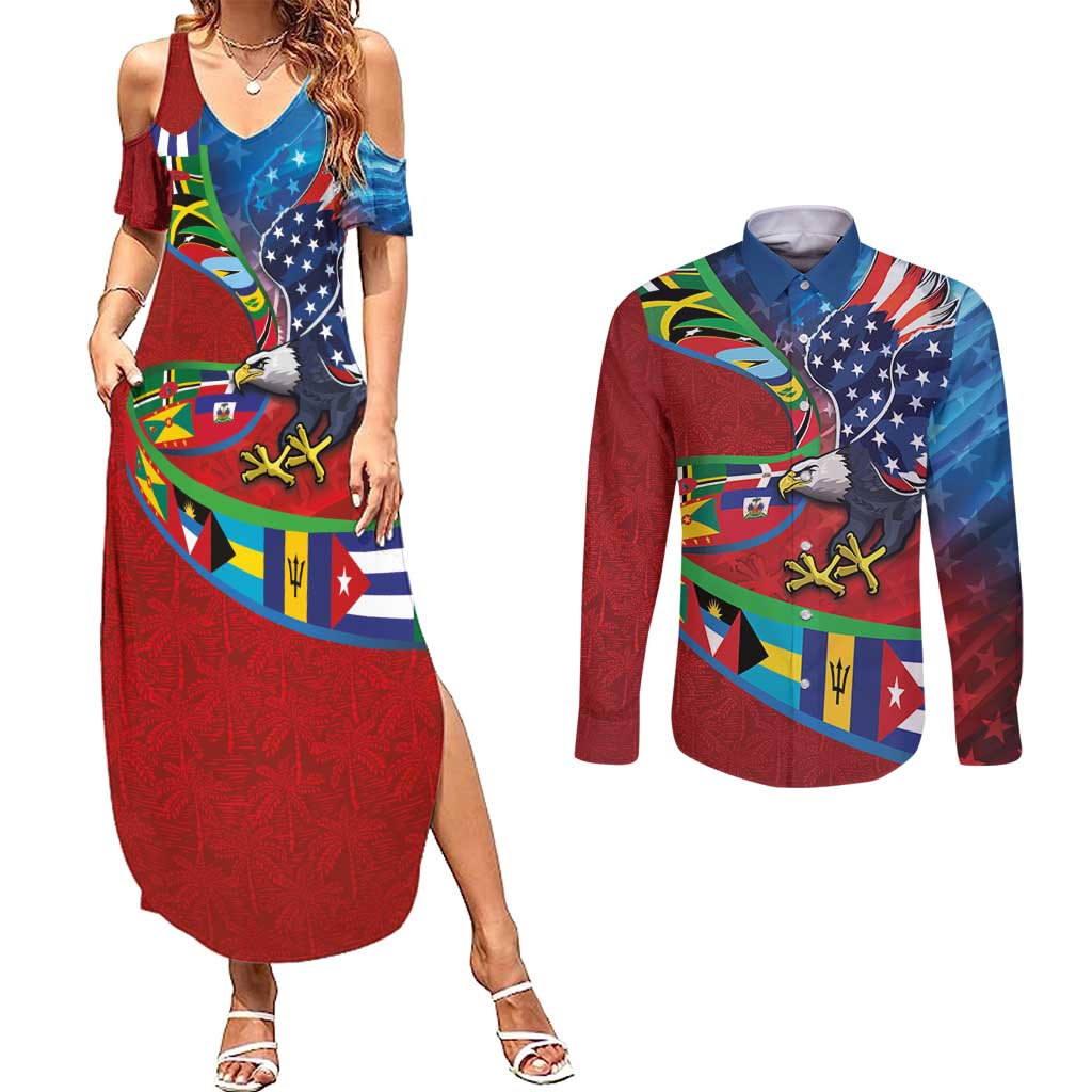 Caribbean-American Heritage Month Couples Matching Summer Maxi Dress and Long Sleeve Button Shirt National Flags Ribbon Wave Style with US Flag Eagle - Wonder Print Shop