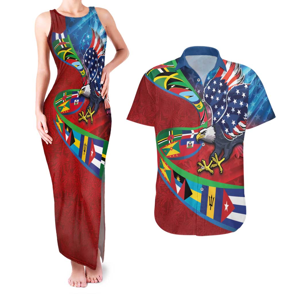 Caribbean-American Heritage Month Couples Matching Tank Maxi Dress and Hawaiian Shirt National Flags Ribbon Wave Style with US Flag Eagle - Wonder Print Shop