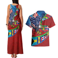 Caribbean-American Heritage Month Couples Matching Tank Maxi Dress and Hawaiian Shirt National Flags Ribbon Wave Style with US Flag Eagle - Wonder Print Shop